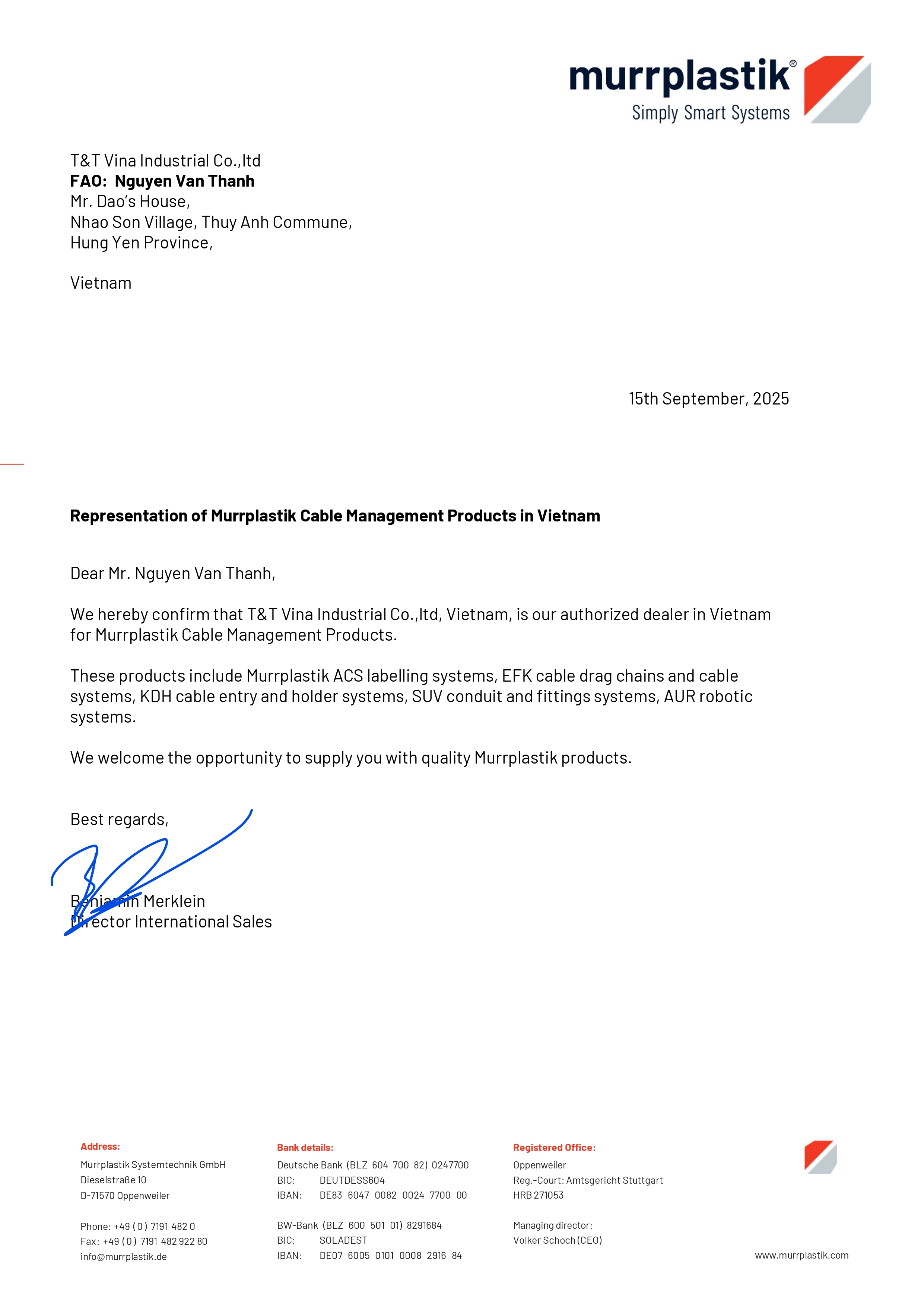 Murrplastik Authorization Letter - T&T Vina Vietnam